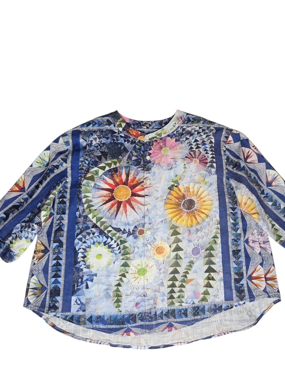 Art-to-Wear Patchwork Floral Print Blouse | Boho Garden Button Front Top XL
